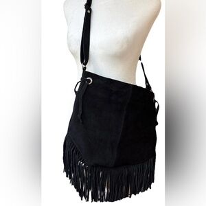Vtg Boho Fringed Suede Purse Crossbody Shoulder Black Clean Interior 3 Pockets